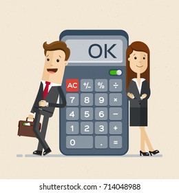 Businessman and business woman with calculator. Profit, finances concept. Vector, flat illustration