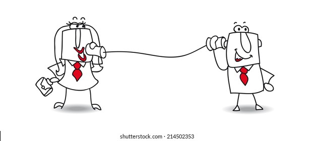A businessman and a business woman call with cans. It's a metaphor of the communication and relationships between two persons