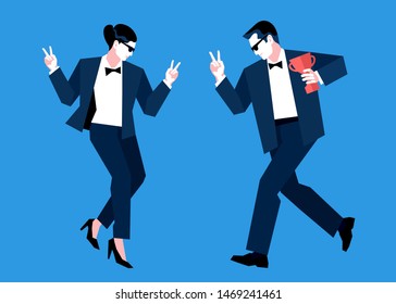 Businessman and business woman celebrating their success, holding trophy cup,  showing a sign of victory. Vector illustration