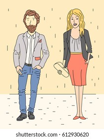 Businessman and business woman in business clothes. Vector illustration