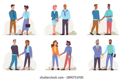 Businessman and business woman of different races shake hands isolated flat cartoon people. Vector handshake of multinational colleagues working in team. Cooperation and teamwork of upper bodies