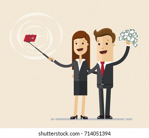 Businessman and business woman are doing a selfie photo shoot. Vector, flat, illustration