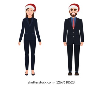 Businessman and business woman dressed in suits and Christmas hats, characters in a flat style.