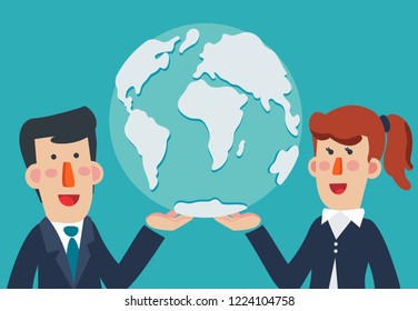 Businessman and business woman with  Earth globe. Business travel vector illustration.  Concept of international partnership, cooperation and teamwork in business