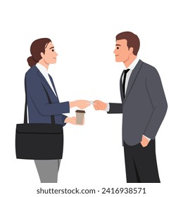 Empresario y mujer de negocios intercambiando tarjetas de nombre de negocio. Ilustración vectorial plana aislada en fondo blanco