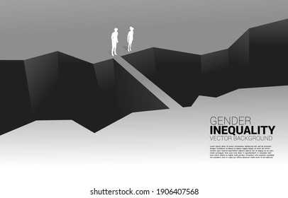 Businessman and business woman in front of valley and the man with the bridge. Concept of gender inequality in business and obstacle in woman career path