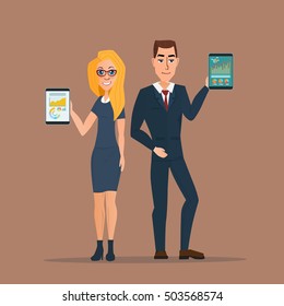 Businessman and business woman holding a tablet with growing graph. Business concept. Vector creative color illustrations flat design in flat modern style.
