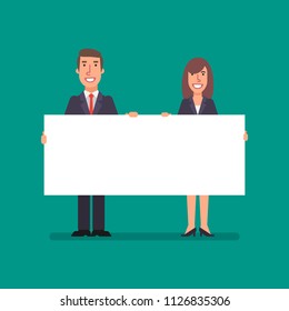 Businessman and business woman holds clean sheet paper. Business people. Vector illustration.