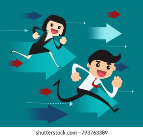 Businessman and business woman running to goal with arrow symbols. business success concept vector illustration.