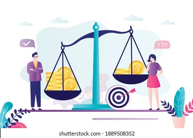 Businessman and business woman stand near scales. Unequal rights among genders. Sexism in pay, female discrimination. Concept of gender gap and inequality in salary. Trendy flat vector illustration