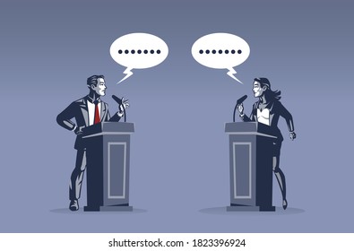 Businessman and Business Woman Standing on Podium Having Debate on Business Matters Illustration Concept