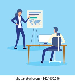 businessman and business woman strategy meeting board office work vector illustration