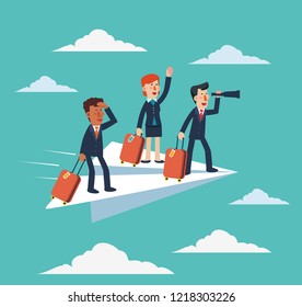 Businessman and business woman with suitcase on paper plane. Business people vacation concept. Holidays time, recreation and travel vector design