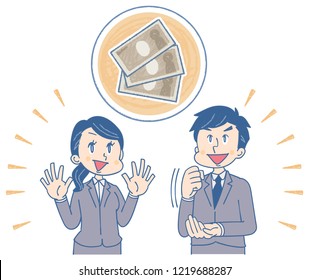 Businessman and business woman are thinking about money
