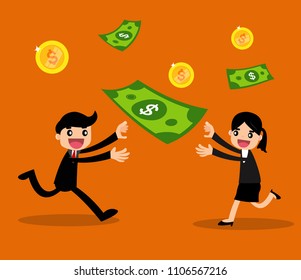 Businessman and business woman trying to catching money. vector illustration. 