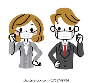 Businessman and business woman wearing masks.