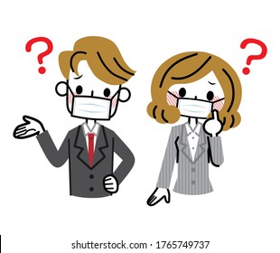 Businessman and business woman wearing masks.