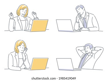 Businessman And Business Woman Working On Their Laptops Expressing Different Emotions. Easy To Use Simple, Flat Vector Illustration Set Isolated On A White Background. 