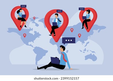 businessman and businessoman working remotely with computer laptop on location map pin 2d vector illustration concept