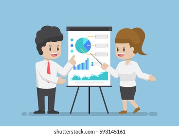 Businessman and Businesswoman Analyzing Business Graph Together, Analyzing Business Data and Teamwork Concept