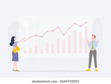 A businessman and a businesswoman analyzing and reporting a business performance graph