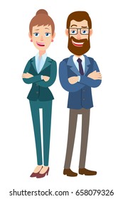 Businessman and Businesswoman with arms crossed on the chests. Full length portrait of Cartoon Businessman and Businesswoman Character. Vector illustration in a flat style.