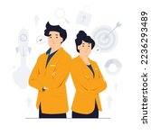 Businessman and businesswoman back to back as creative team work together as group collab with business goals concept illustration