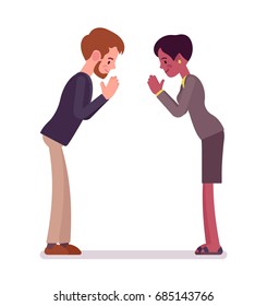 Businessman and businesswoman bow gesture. Proper cross-cultural greeting etiquette. Business manner concept. Vector flat style cartoon illustration, isolated, white background