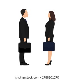 Businessman and businesswoman with briefcases are standing opposite, isolated on white background. Concept of business meeting in flat design. Vector illustration