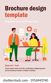Businessman and businesswoman with broken laptop. Employees failed reading document flat vector illustration. Technology and office work concept for banner, website design or landing web page
