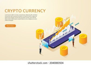 Empresario con empresaria compra y vende bitcoin a través de teléfono móvil inteligente con inversión en criptodivisa. creciente índice financiero y bolsas de valores. ilustración vectorial isométrica.