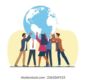 Businessman and Businesswoman carry world globe on back. People hold Earth. Worldwide company. Business leadership and career responsibility concept. Vector cartoon flat isolated illustration