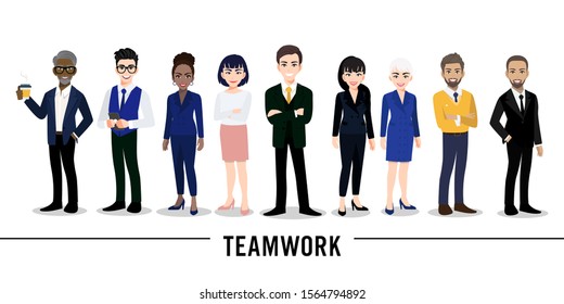 Businessman and businesswoman cartoon character on white background. Teamwork concept design. Flat vector illustration.