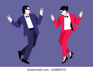 Businessman and businesswoman celebrating their success, dancing and showing a sign of victory. Vector illustration