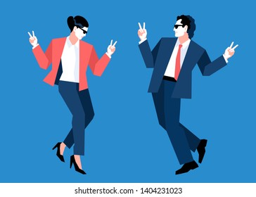 Businessman and businesswoman celebrating their success, dancing and showing a sign of victory. Vector illustration