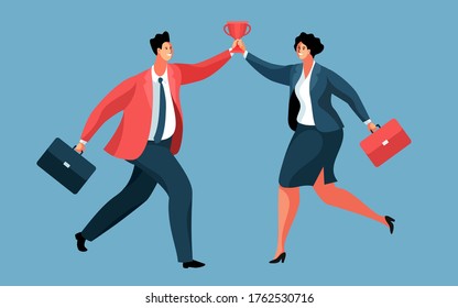 Businessman and businesswoman celebrating their success. Male and female characters, in full height, with winner's cap. Vector illustration