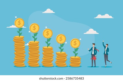 Businessman and businesswoman celebrating wealth growth. suitable for finance, success, teamwork, business growth, financial planning, and investment concepts.