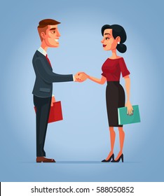 Businessman and businesswoman characters handshake . Vector flat cartoon illustration