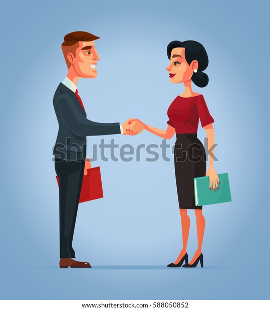 Businessman Businesswoman Characters Handshake Vector Flat Stock Vector