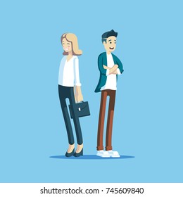 businessman and businesswoman characters standing and smiling isolated, couple of pretty office employees standing with a smile vector illustration