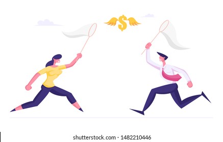 Businessman and Businesswoman Chasing Flying Dollar Sign Trying to Catch it with Butterfly Net. Financial Success Business Opportunity Wealth New Income Source Search. Cartoon Flat Vector Illustration