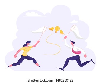 Businessman and Businesswoman Chasing Flying Light Bulb Trying to Catch it with Butterfly Net. Inspiration Creative Idea Financial Success Business Opportunity Wealth. Cartoon Flat Vector Illustration