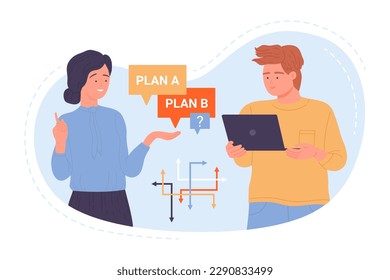 Businessman and businesswoman choose between plan A and B vector illustration. Cartoon man and woman discuss business project and strategy, selecting alternative decision and creative scenario