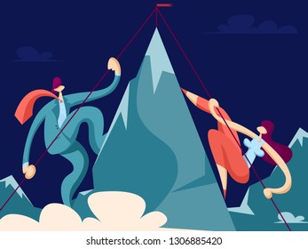 Businessman and businesswoman climb to the top of the mountain. Business competitive concept. Equal women's rights. Vector illustration in flat style