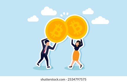 A businessman and businesswoman are clinking their bitcoins like a toast, illustrating a celebration of successful bitcoin investment strategies