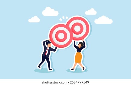 A businessman and businesswoman are clinking their target boards like a toast, illustrating a celebration of successfully achieving business goals