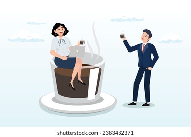 Businessman and businesswoman colleague take a break having coffee and have a chat, coffee break, business discussion while having coffee or brainstorming after meeting break (Vector)