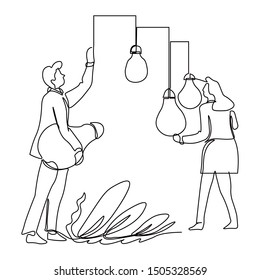 Businessman and businesswoman collecting ideas, light bulbs isolated outline drawing vector. Startup or project, brainstorming creativity and efficiency. Thought, entrepreneurs or office workers