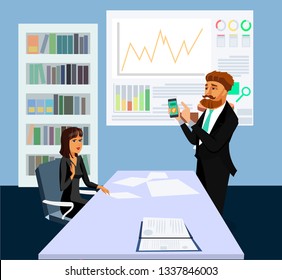 Businessman and Businesswoman Color Illustration. Investors, Bankers Cartoon Characters. Successful Man and Woman Talking in Office Flat Illustration. Guy showing App on Phone Display Vector Drawing