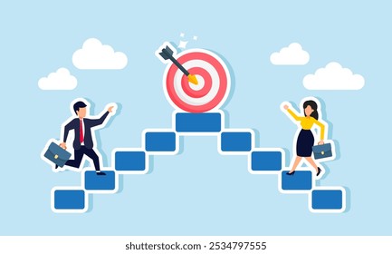 A businessman and businesswoman compete to reach the top of the ladder first to obtain the target board, illustrating competition in achieving more business goals  